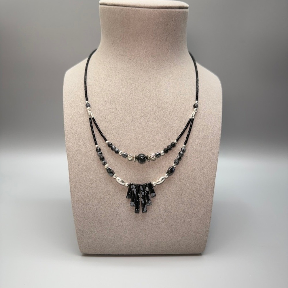Black Snowflake Onyx Beaded Double Strand Necklace 20" Southwestern Retro Vibe